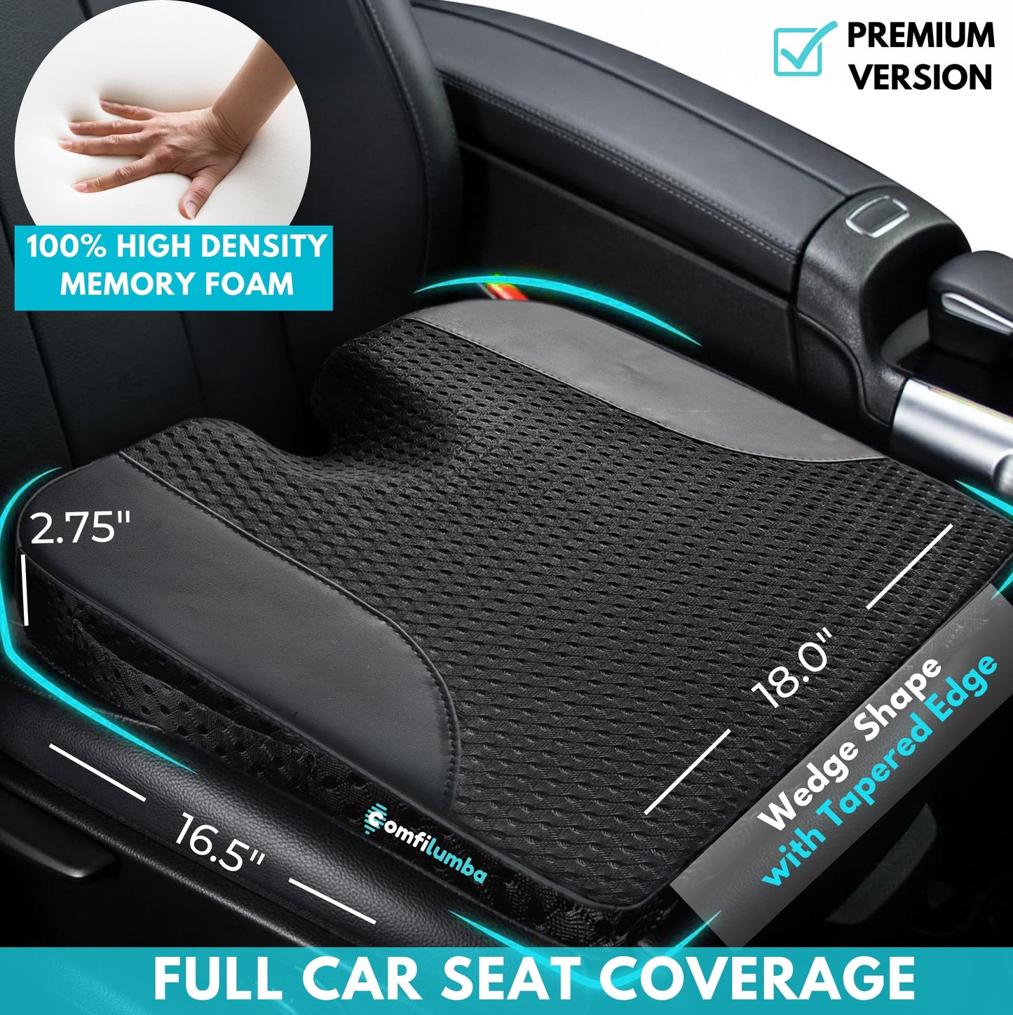 Car Seat Cushion - Wedge Shaped Gel Infused Memory Foam Seat Cushion ComfiLumba