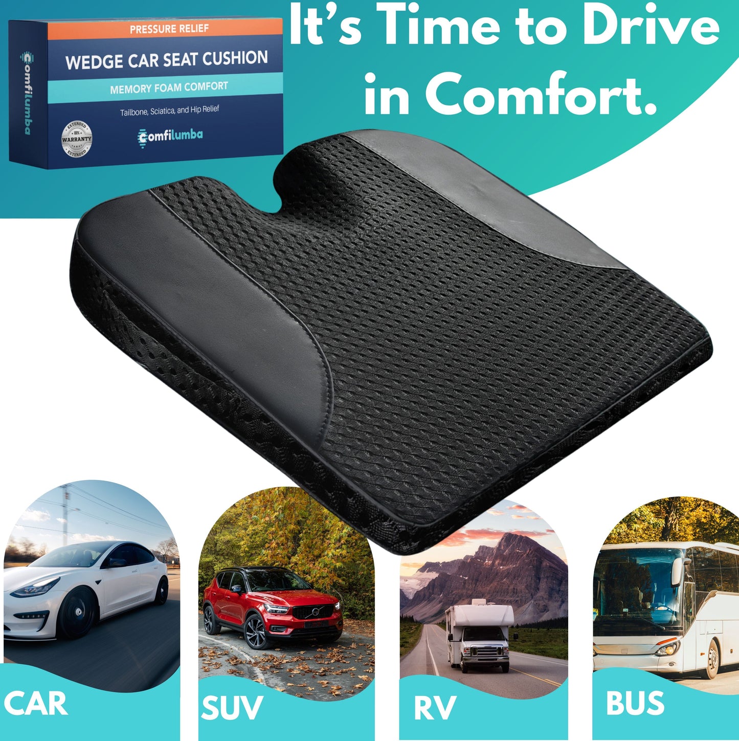 Car Seat Cushion - Wedge Shaped Gel Infused Memory Foam Seat Cushion ComfiLumba