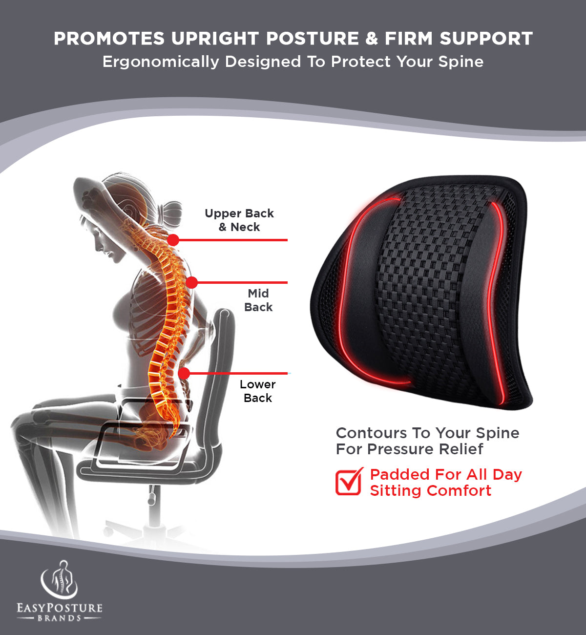 Lumbar Support for Car (2 Pack) - Padded w/Mesh Back Support Easy Posture Brands 